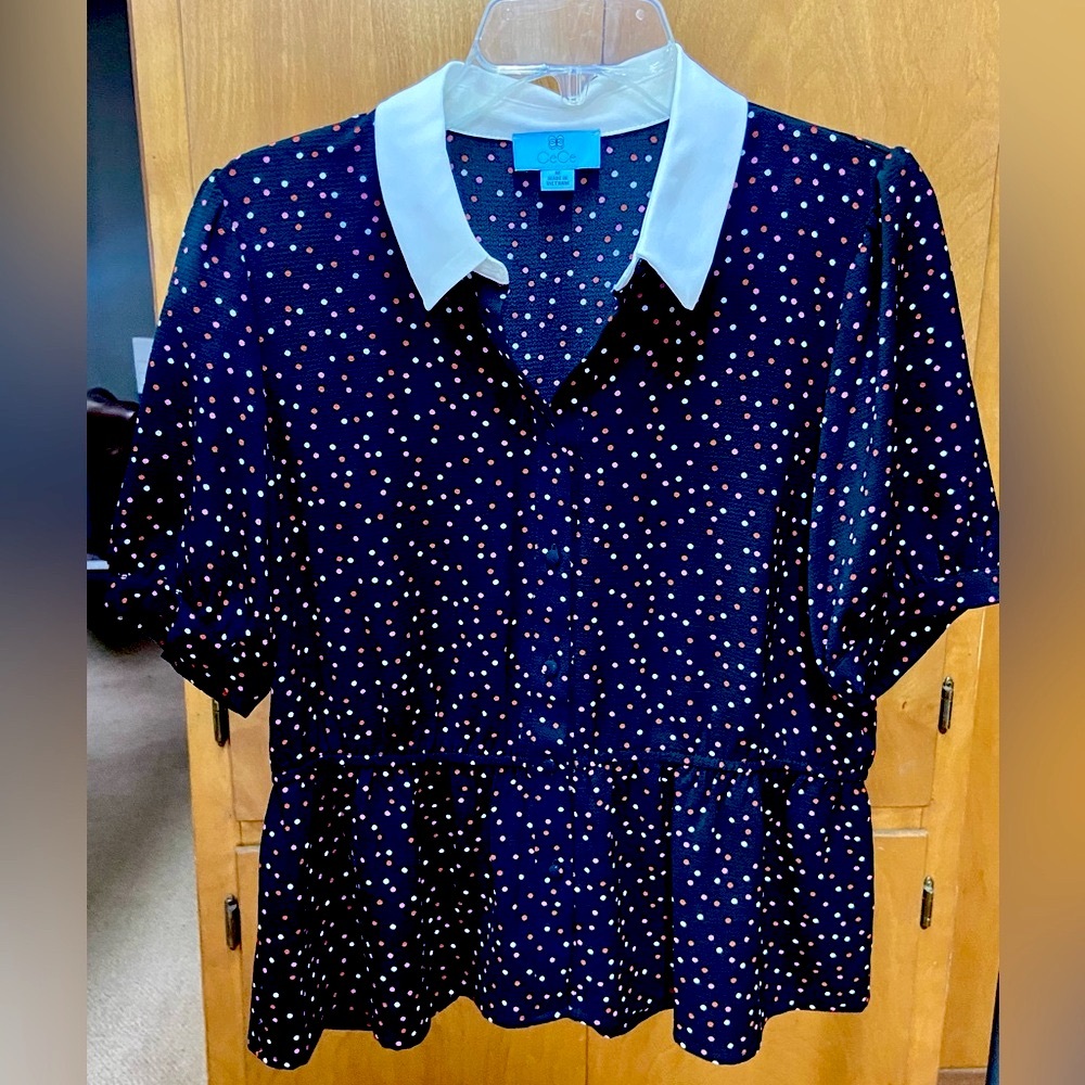 CeCe Button Down Blouse with Polka Dots & White Collar, Flouncy Bottom, Size M